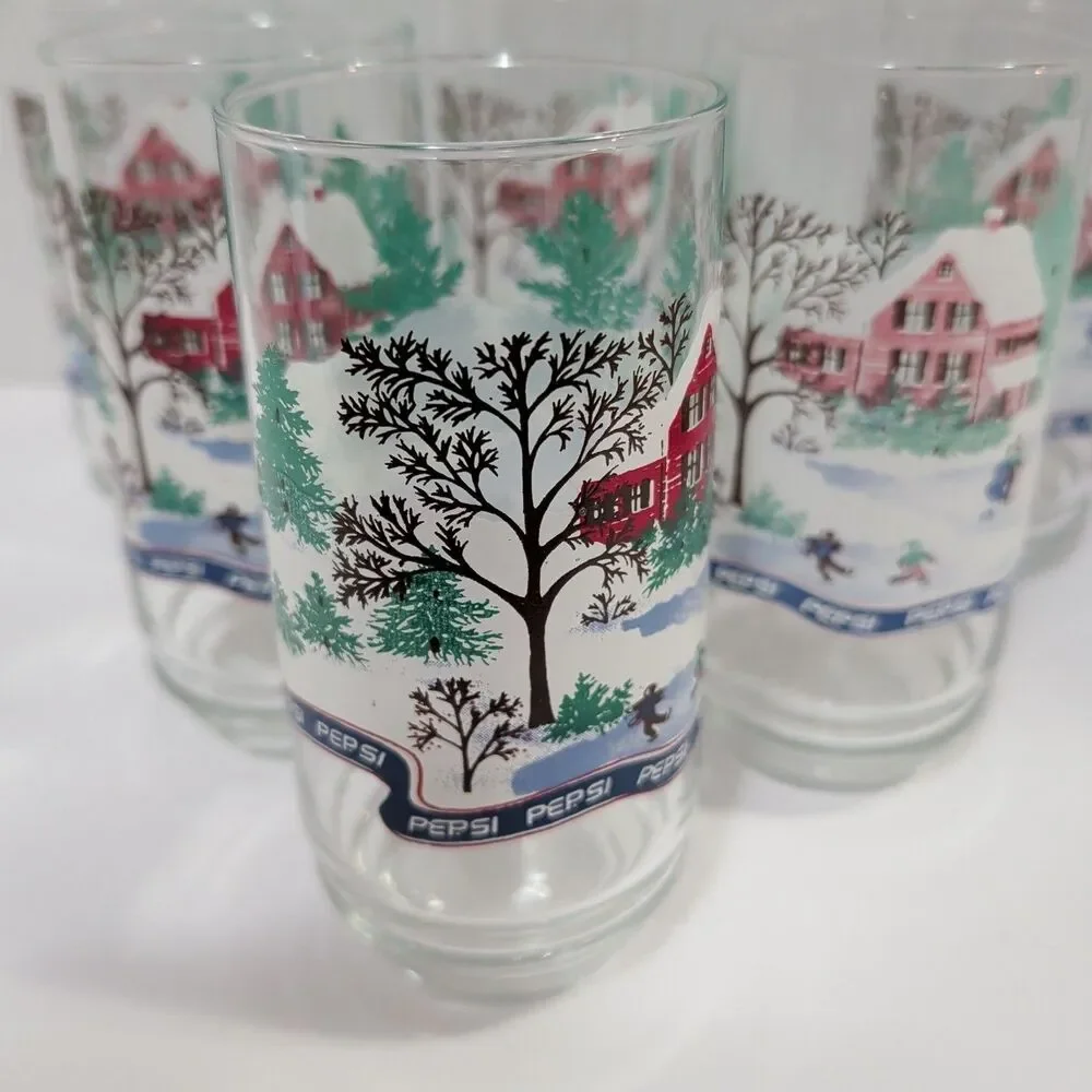 Vtg Pepsi Holiday 16oz Glasses Set of 6 Winter Cabin Snow Scene Retro